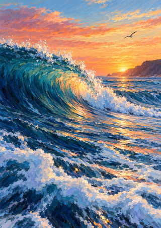 Large curling indigo and turquoise ocean wave with bright foam, warm sunset sky, distant headland, and a small seabird.