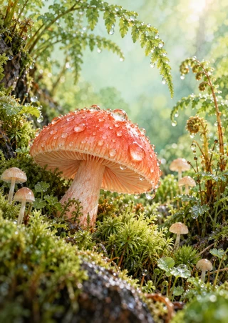 A large rain-beaded coral-pink mushroom rises from moss among smaller pale mushrooms and fern-like greenery beneath an arched fern canopy.