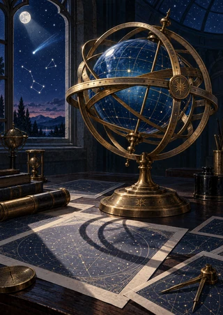 Brass armillary sphere with a deep-blue globe in an ornate observatory, beside an arched window showing a moon, stars, constellation, and comet.