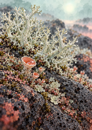 Pale branching lichen-like growths and coral-pink cup forms with droplets on dark porous rock.