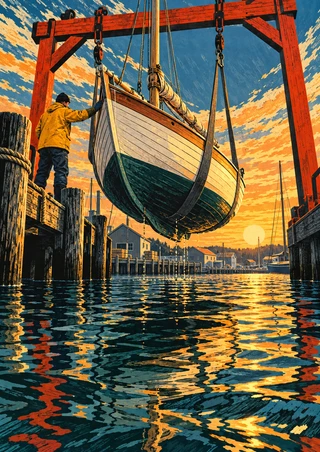 A wooden sailboat hangs in slings above reflective harbor water beneath a red-orange gantry, with a worker on the pier.