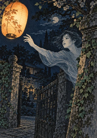 Translucent ghostly figure reaches toward a glowing paper lantern beside an ivy-covered stone garden gate.