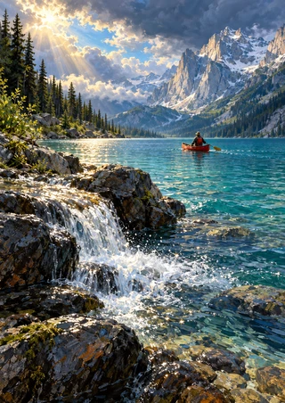A rocky cascade pours into a turquoise alpine lake as a small red canoe crosses beneath granite peaks and dramatic clouds.