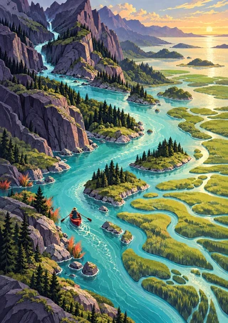 A winding turquoise river passes between rugged cliffs and green marsh islands, with a small red rowboat and distant waterfall.