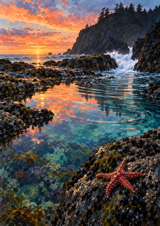 Sunset coastal tide pool with a red sea star on foreground rocks, luminous ripples, a breaking wave and a wooded headland.