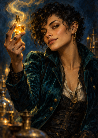 Dark-curled woman in a deep teal jacket holding a glowing amber vial, with warm curling strokes against a midnight-blue background.