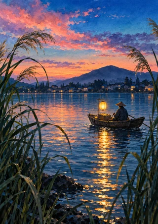 Small wooden skiff with a seated occupant and glowing lantern crossing a calm inlet, framed by reeds beneath rose-colored dusk clouds.