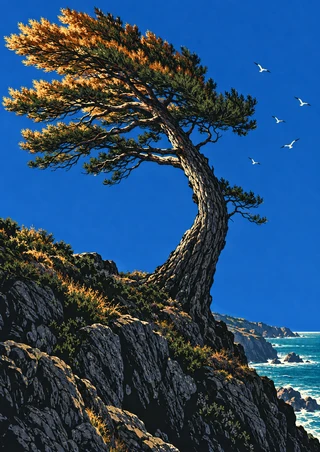 Curved pine with copper-gold foliage on a rocky coastal bluff beneath a cobalt sky, with seabirds and turquoise sea.