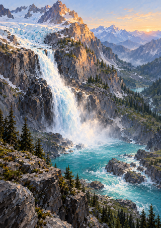 White-blue waterfall descending through rocky alpine slopes into a turquoise pool, with conifers and distant peaks in warm morning light.