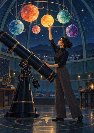Woman beside a telescope reaching toward six glowing colored spheres with orbit rings beneath a domed observatory ceiling.
