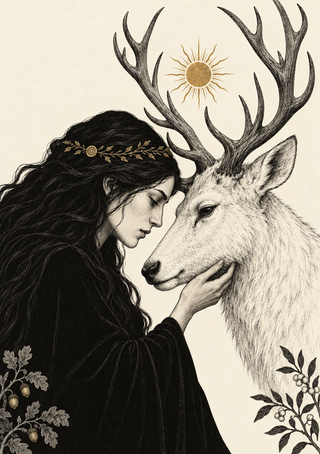 Dark-haired woman in a black cloak touching the muzzle of a white stag with branching antlers beneath a small golden sun.