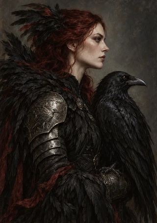 Red-haired woman in profile wearing dark feathered clothing and shoulder armor beside a black raven.