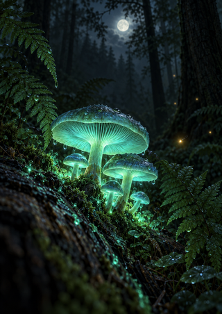Luminous turquoise-green mushrooms on a wet fallen log among ferns in a dark moonlit forest.