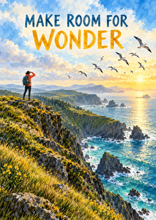 Red-orange-jacketed hiker looking out over a flowered coastal headland toward seabirds and bright sea, beneath the title Make Room for Wonder.