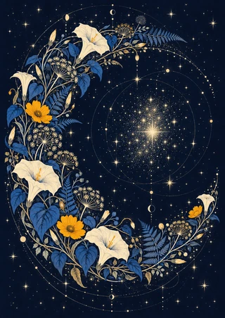 Pale flowers, yellow blooms, blue foliage, and ferns form a curved botanical wreath around a central star cluster on a navy ground.
