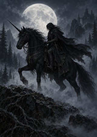 Hooded rider on a rearing black unicorn beneath a full moon, with misty trees, rocks, and a distant castle.
