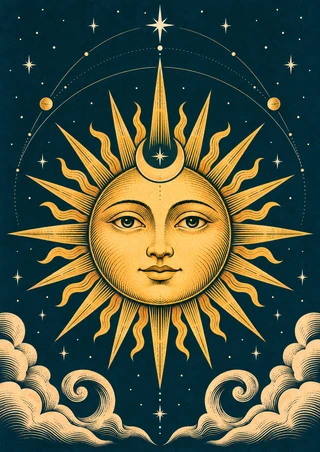 Golden anthropomorphic sun with alternating pointed and wavy rays, a crescent above its brow, curling clouds, stars and orbital lines on dark teal.
