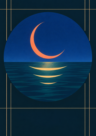 Coral crescent moon above a dark sea in a circular blue field, with three curved gold reflection bands and fine gold lines near the margins.