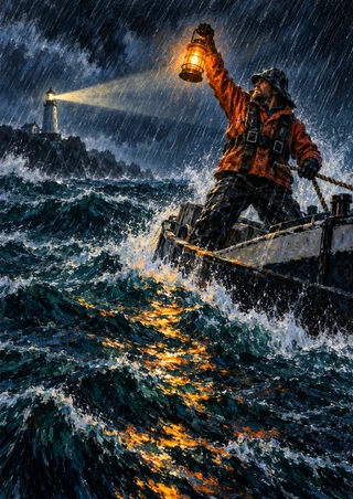 Dark-clad figure raises a glowing orange lantern from a small boat in heavy rain and rough water, with a lighthouse beam on the distant left shoreline.