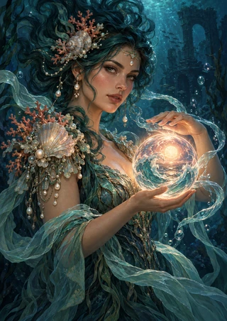 Adult sea oracle with dark teal hair and shell-and-coral adornments holding a luminous swirling-water orb amid translucent ribbons and bubbles.