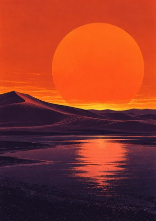 Large orange sun above layered dark plum dunes, with a golden horizon and orange reflection across a dark violet pool.