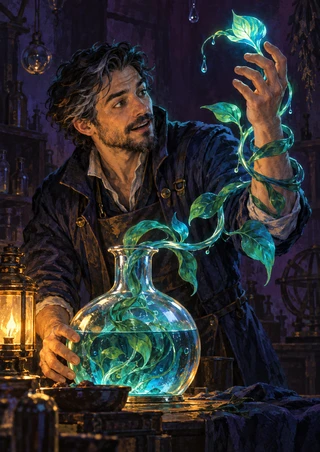 Dark-haired man in a dark coat watching a glowing leaf on a curling blue-green vine beside a glass vessel and amber lantern.