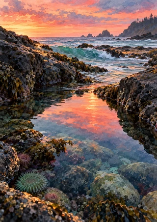 Rocky coastal tidepool reflecting a coral-pink sunset between dark ledges, with anemones, wet stones, and distant waves.