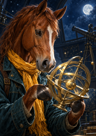 Chestnut horse-headed figure in a teal jacket and saffron scarf studying a luminous brass astronomical instrument in a moonlit observatory.