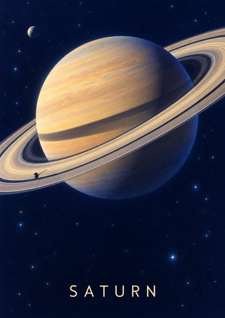 Golden banded Saturn with diagonal rings in an indigo star field, a small probe-like shape, distant moon, and SATURN heading.