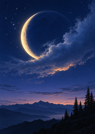 Gold-edged crescent moon behind sweeping clouds above layered mountain ridges and silhouetted evergreen trees.