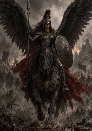 Armored rider on a dark horse with black feathered wings, spear, round shield, and red cloak amid a smoky battlefield.