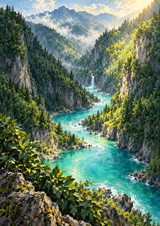 A turquoise river curves through a forested gorge, past a small white waterfall, misty mountains, sunlit trees, and rocky foreground foliage.