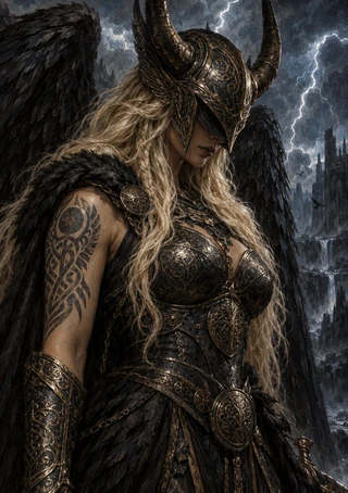 Blonde woman in ornate dark armor and a horned helmet with black feathered wings, lightning, birds, and a tower behind her.