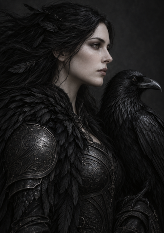 Pale woman in profile wearing feathered dark clothing and ornate armor beside a large black raven.