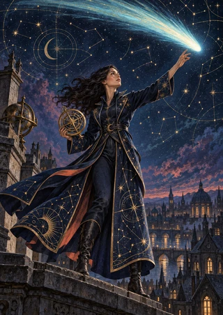 Adult woman in a decorated midnight-blue coat holding a brass astrolabe and reaching toward a comet above an illuminated city rooftop.