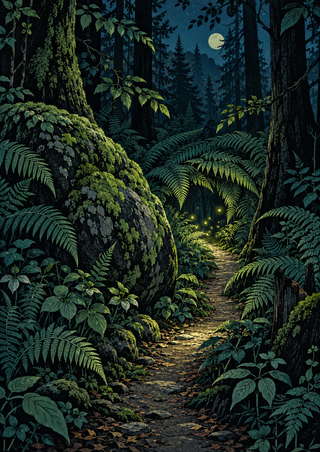 A narrow path curves past a mossy boulder between ferns, with small glowing lights and a moon above.