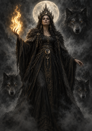 Crowned woman in a black gown beneath a full moon, with a flame above her raised hand and three wolf heads in smoke.