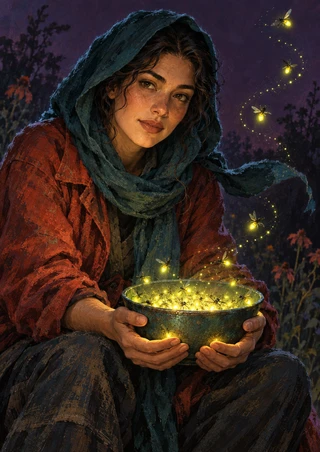 Seated hooded figure in a rust-red coat holding a glowing bowl as fireflies rise beside dark garden foliage.