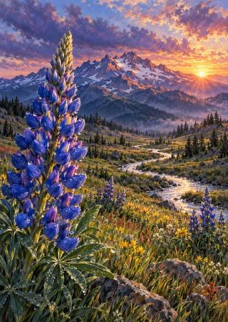 Large cobalt-blue lupine in a flower-filled mountain meadow above a winding stream, with a jagged ridge and glowing sunset.