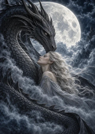 A dark horned dragon curves around a pale-haired woman beneath a bright full moon and swirling clouds.