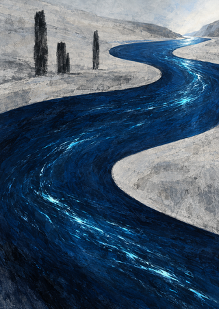 Portrait abstract landscape of a winding indigo river between pale textured gray banks, with cyan glints and three dark upright forms.