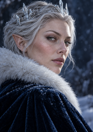A pale-haired woman with pointed ears and a small crystal crown wears a dark blue cloak and white fur collar against a snowy background.