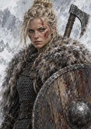 A blonde, battle-worn woman in fur and chainmail holds a large wooden shield, with an axe behind her shoulder and blood and grime on her face.