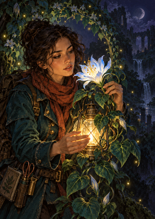Woman in a teal coat and rust scarf tending a glowing lantern beside a pale luminous flower, with vines, ruins, and a crescent moon.