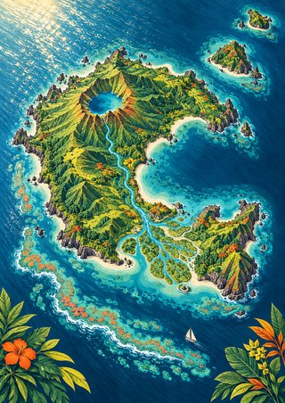 Illustrated imaginary island with a volcanic crater lake, river delta, smaller islets, reef-like details and a tiny sailboat.
