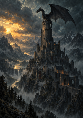 Dark dragon with outstretched wings perched on a central stone castle tower above a wooded valley beneath storm clouds and sunset light.