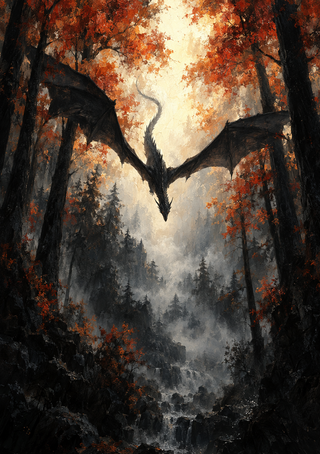 Dark winged dragon flying toward the viewer through a misty forest ravine framed by autumn leaves, with a stream below.