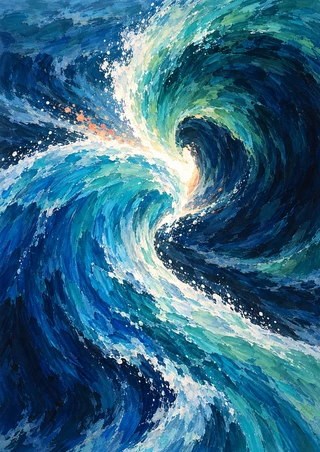 Two curling blue-green wave forms sweep together around a bright central opening, surrounded by white foam flecks and deep blue shadows.