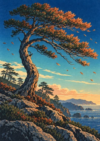 A wind-bent pine with copper-orange foliage stands on a rocky coastal ridge above the sea, with smaller trees and a distant headland.
