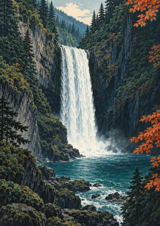 White waterfall dropping between dark forested cliffs into a turquoise pool, with orange foliage on the right.